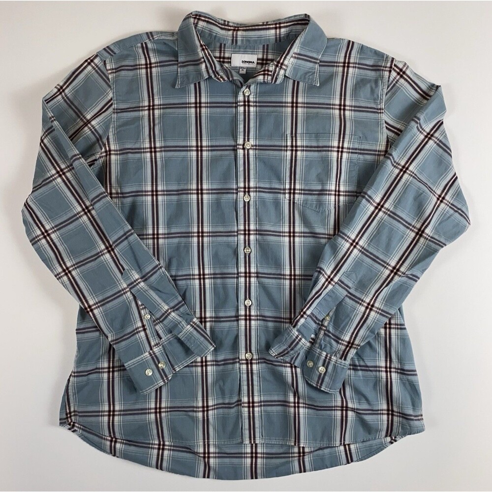 Sonoma Men's XL Regular Blue White Burgundy Plaid Long Sleeve Button-Up Shirt